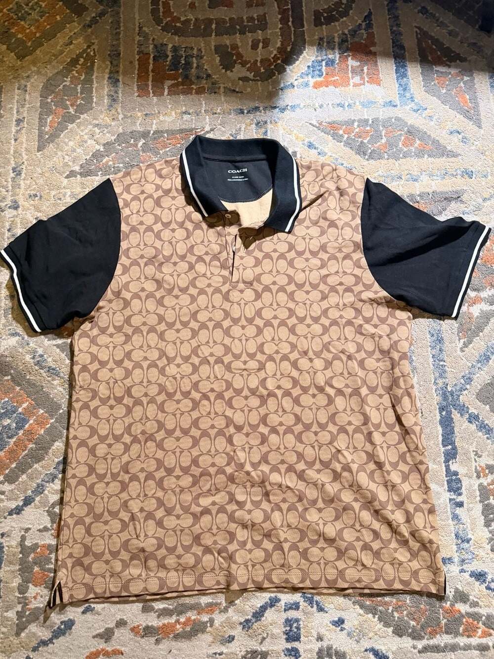 Coach Signature Print Polo Shirt in Tan and Black size XXL